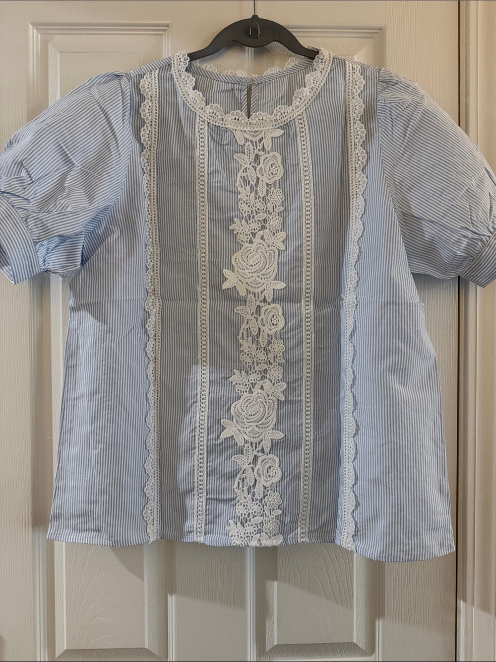 Blue Striped Lace-Trim Blouse